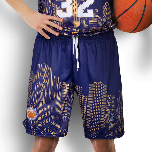 Custom men's basketball shorts in blue with a city skyline design and a logo. Features an elastic waistband. Custom men's basketball shorts in blue with a city skyline design and a logo. Features an elastic waistband.