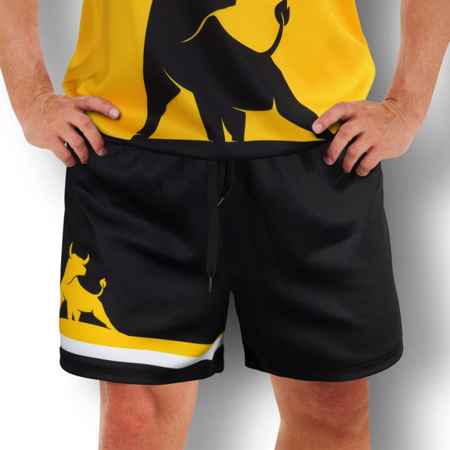 Custom men's AFL shorts in black with yellow and white detailing, featuring a logo on the side. Custom men's AFL shorts in black with yellow and white detailing, featuring a logo on the side.