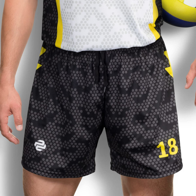 Custom men's volleyball shorts in black with a pattern, featuring yellow accents and a logo on the side. Custom men's volleyball shorts in black with a pattern, featuring yellow accents and a logo on the side.