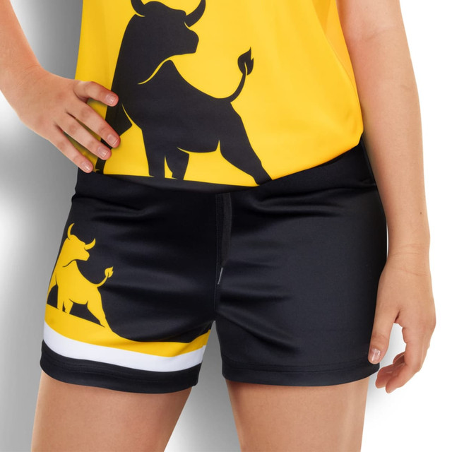 Custom women's AFL shorts in black with a yellow and white design, featuring a logo detail on the side. Custom women's AFL shorts in black with a yellow and white design, featuring a logo detail on the side.