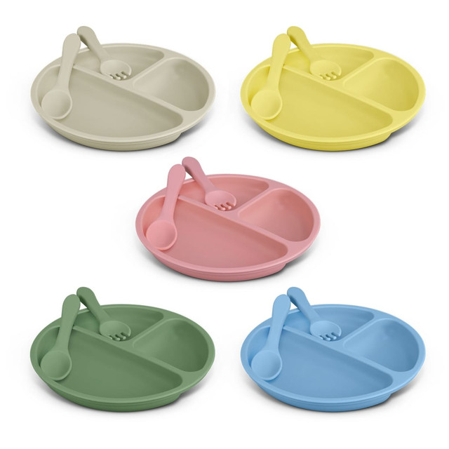 A set of five kids' plates in various pastel colours, each with two divided sections and a spoon. A set of five kids' plates in various pastel colours, each with two divided sections and a spoon.