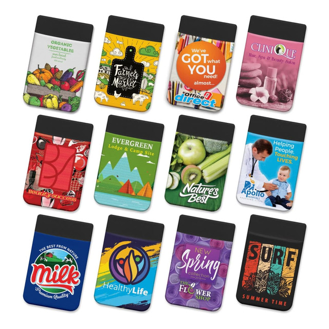 A collection of colourful Lycra phone wallets featuring various designs and logos on a black background. A collection of colourful Lycra phone wallets featuring various designs and logos on a black background.