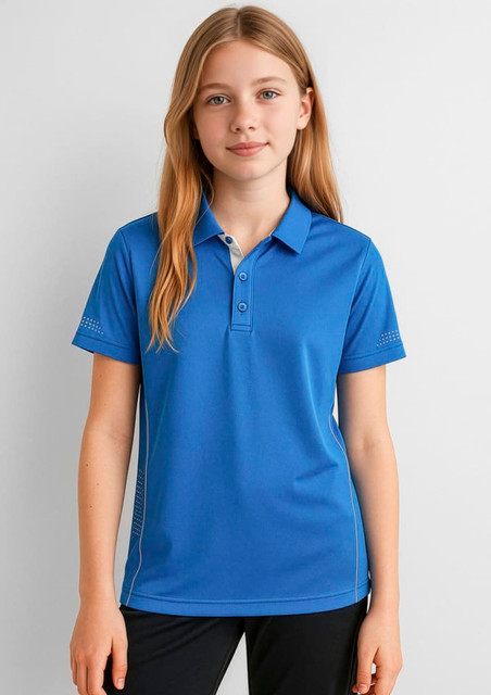 A girl wears a blue short sleeve polo shirt with a logo, featuring contrasting trim and a classic collar design.