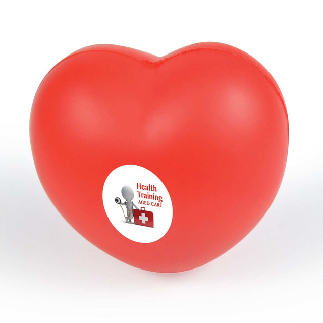 A red heart-shaped stress reliever with a logo on its surface, designed for fun and relaxation. A red heart-shaped stress reliever with a logo on its surface, designed for fun and relaxation.