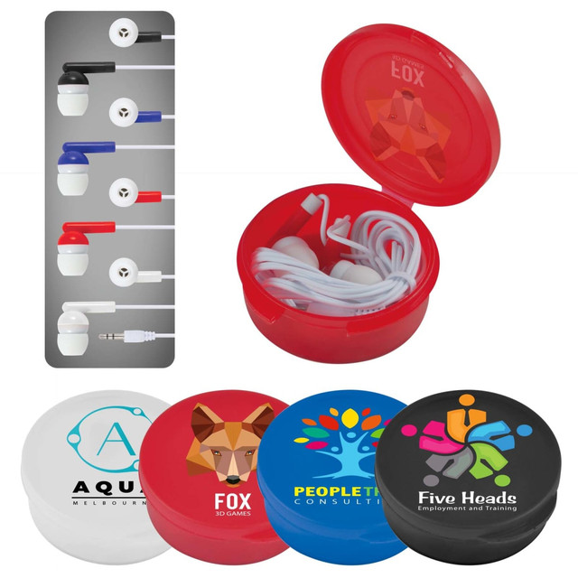 A red circular case contains white earbuds, alongside colourful earbud options in various colours and designs. A red circular case contains white earbuds, alongside colourful earbud options in various colours and designs.