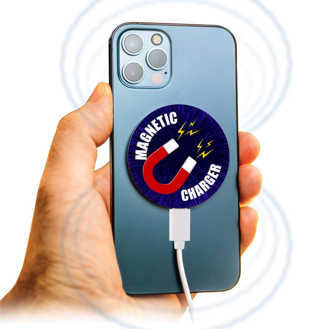 A wireless charger in blue and red with a magnetic feature attached to the back of a smartphone, showing a charging cable. A wireless charger in blue and red with a magnetic feature attached to the back of a smartphone, showing a charging cable.