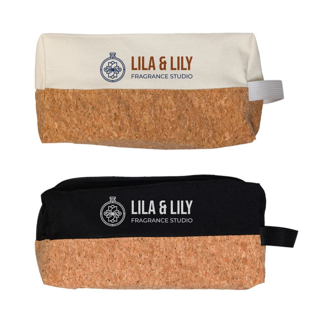 A cotton and cork utility pouch in cream and black with a logo, featuring a zip closure and fabric handle. A cotton and cork utility pouch in cream and black with a logo, featuring a zip closure and fabric handle.