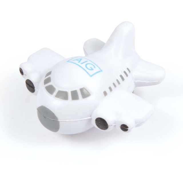 A white aeroplane stress reliever with black details and a logo on top. A white aeroplane stress reliever with black details and a logo on top.