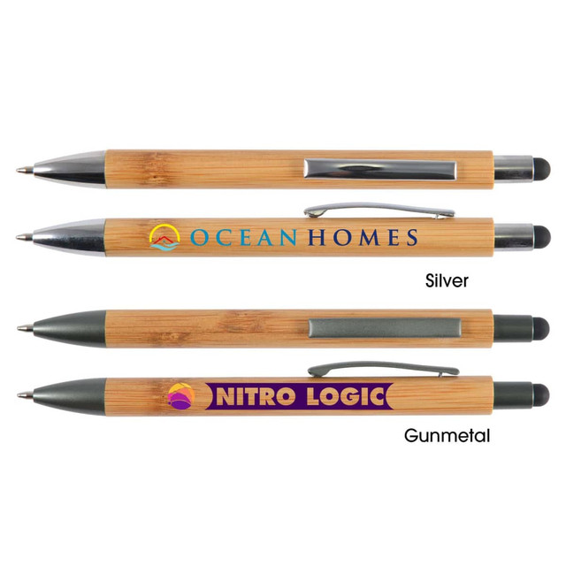 A bamboo pen and stylus set featuring silver and gunmetal finishes with logos. A bamboo pen and stylus set featuring silver and gunmetal finishes with logos.