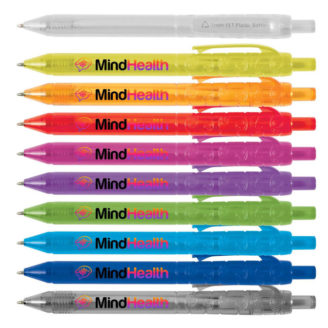 A selection of vibrant plastic pens in various colours, arranged in a row, each with a logo. A selection of vibrant plastic pens in various colours, arranged in a row, each with a logo.