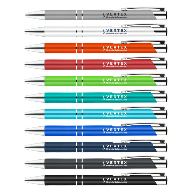 A collection of metal pens in grey, white, orange, green, turquoise, blue, navy, and black, featuring a logo. A collection of metal pens in grey, white, orange, green, turquoise, blue, navy, and black, featuring a logo.