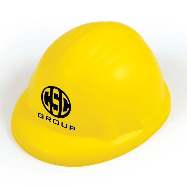 A yellow hard hat stress reliever with a logo, designed for stress relief and relaxation. A yellow hard hat stress reliever with a logo, designed for stress relief and relaxation.