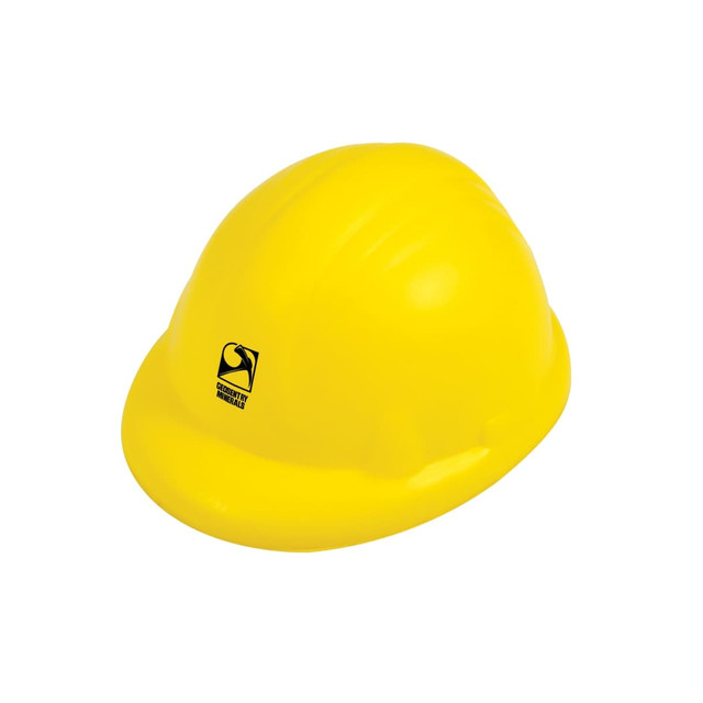 A yellow hard hat stress reliever with a logo, designed for fun and stress relief.