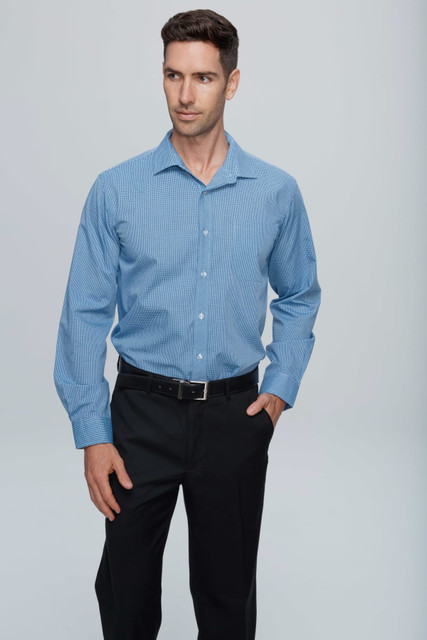 A long sleeve button-up shirt in blue, featuring a subtle stripe design, paired with black trousers. A long sleeve button-up shirt in blue, featuring a subtle stripe design, paired with black trousers.