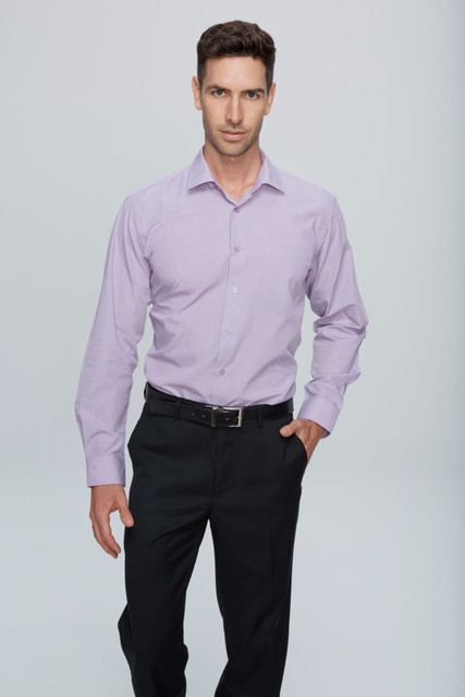 A long sleeve button-up shirt in light purple, worn by a man, with a belt and black trousers. The shirt has a logo. A long sleeve button-up shirt in light purple, worn by a man, with a belt and black trousers. The shirt has a logo.