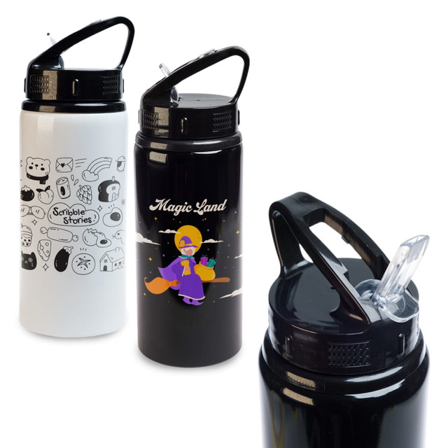 A drink bottle featuring a flip straw lid, available in white with designs and black with a character illustration. A drink bottle featuring a flip straw lid, available in white with designs and black with a character illustration.