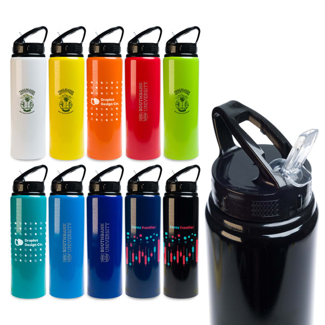 A drink bottle collection featuring various colours: white, orange, green, blue, and black, with flip straw lids and logos. A drink bottle collection featuring various colours: white, orange, green, blue, and black, with flip straw lids and logos.