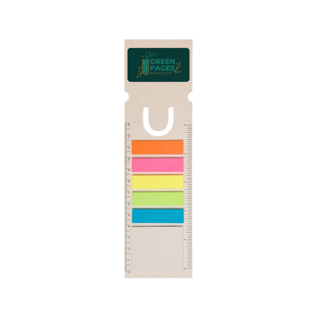 A rectangular bookmark in beige with a logo, featuring five coloured sticky note flags: orange, pink, yellow, green, and blue.