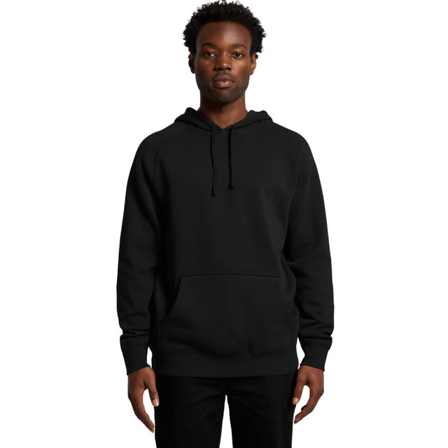 A black hoodie with a front pocket and drawstring hood, displayed on a model against a plain background.
