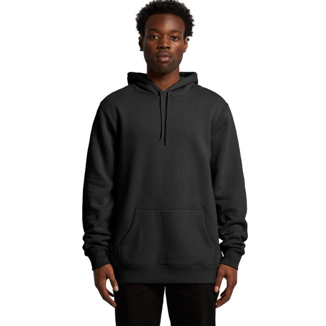 A black hoodie featuring a front pocket and a drawstring hood. The model stands facing forward.