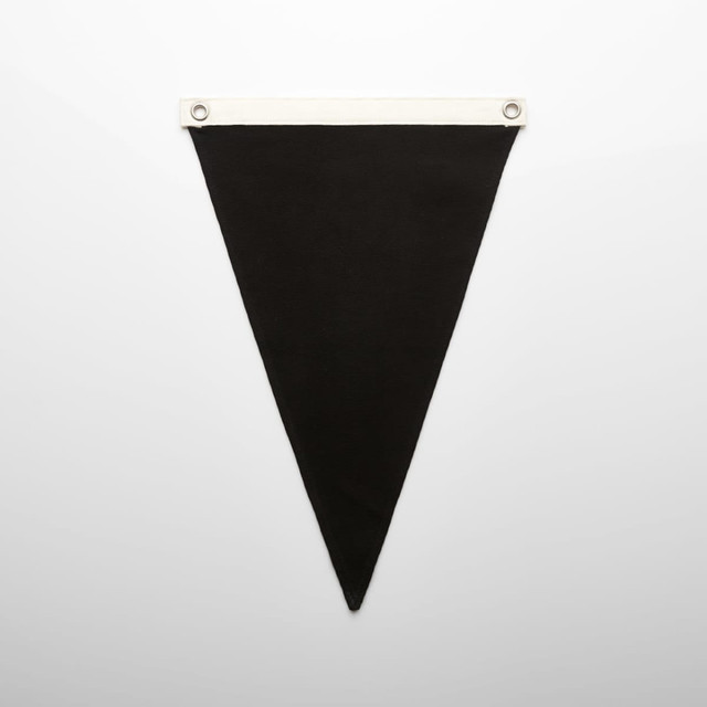 A triangular black canvas pennant flag with a white header and eyelets for attachment.