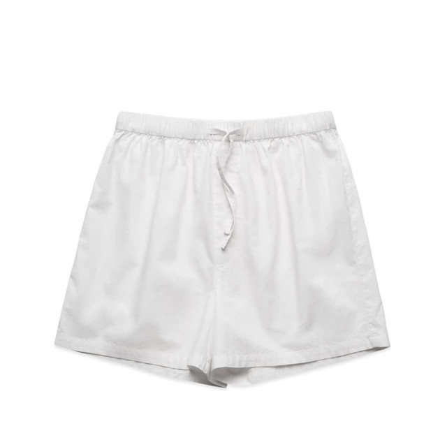A pair of white pyjama bottoms with an elastic waistband and drawstring, featuring a simple design.