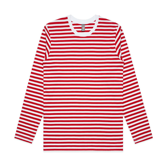 A red and white striped long-sleeve t-shirt with a round neckline and a logo. A red and white striped long-sleeve t-shirt with a round neckline and a logo.