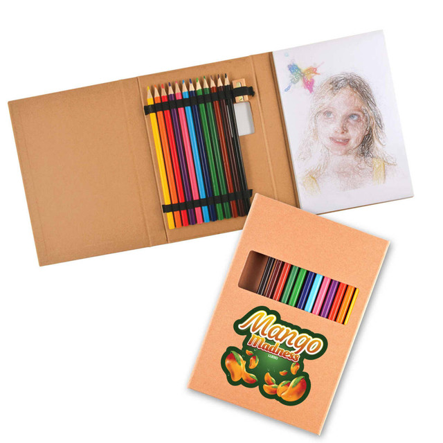 A pencil drawing set featuring a variety of coloured pencils in vibrant hues, packaged in a cardboard case. A pencil drawing set featuring a variety of coloured pencils in vibrant hues, packaged in a cardboard case.