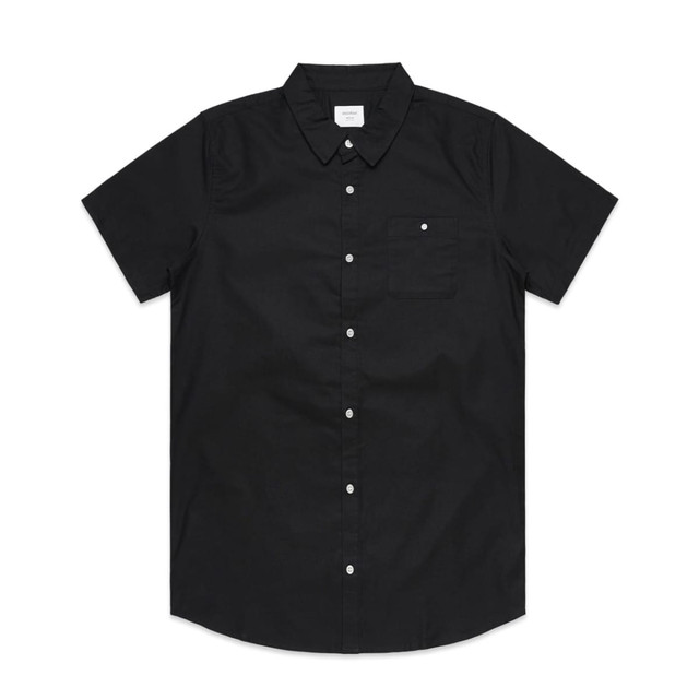 A black short-sleeved button-up shirt featuring a chest pocket and a logo on the front.