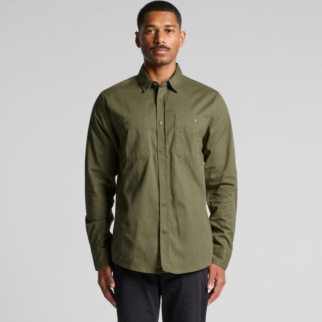 An olive green work shirt with long sleeves and two front pockets, featuring a logo on the chest. An olive green work shirt with long sleeves and two front pockets, featuring a logo on the chest.