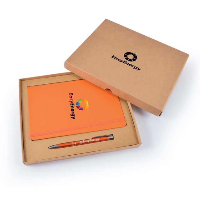 An orange notebook and a grey pen within a brown cardboard gift set, featuring a logo. An orange notebook and a grey pen within a brown cardboard gift set, featuring a logo.