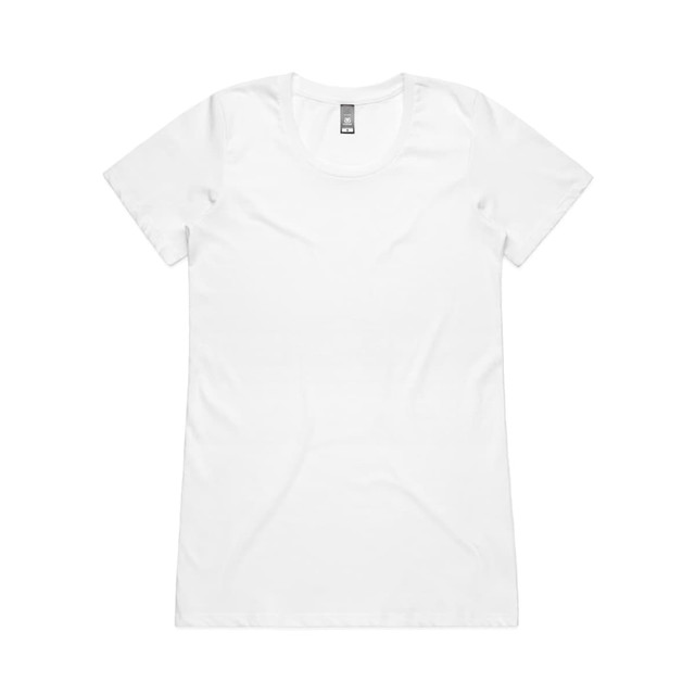 A plain white women's work t-shirt with a round neckline, featuring a branding logo.