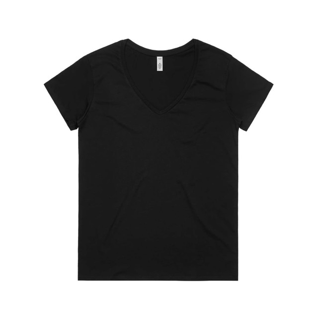 A black V-neck T-shirt featuring short sleeves and a minimalist design. It has a logo on the label.
