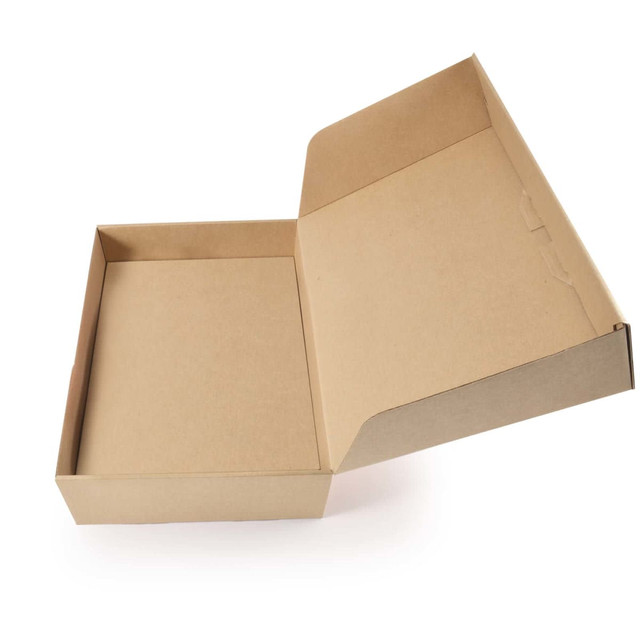 An open extra-large natural paper box in a plain brown colour, featuring a simple design without any logos. An open extra-large natural paper box in a plain brown colour, featuring a simple design without any logos.