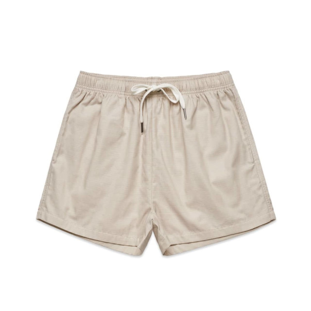 Beige dress shorts with an elastic waistband and drawstring, featuring a simple design and no visible branding. Beige dress shorts with an elastic waistband and drawstring, featuring a simple design and no visible branding.