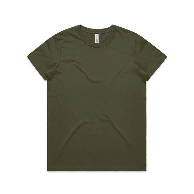 An olive green t-shirt with a crew neck, featuring a small logo on the label.
