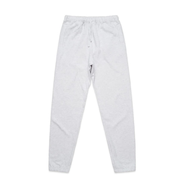 A pair of light grey track pants with a drawstring waist and elasticated cuffs, featuring side pockets. A pair of light grey track pants with a drawstring waist and elasticated cuffs, featuring side pockets.