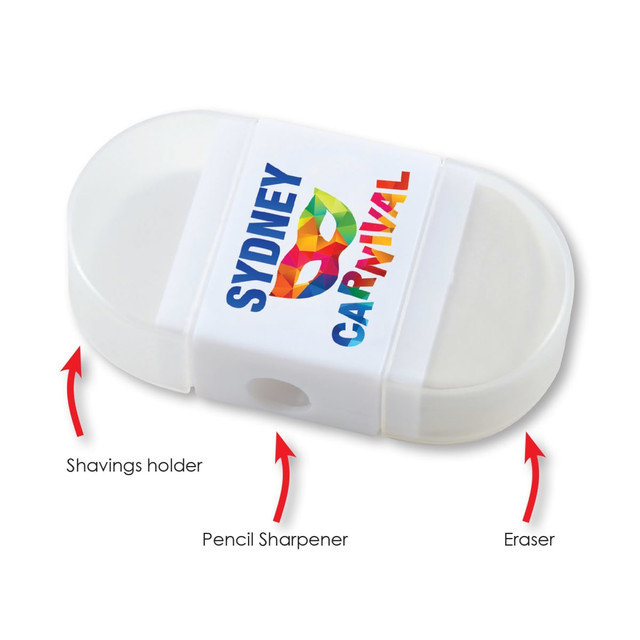 A white 2 in 1 pencil sharpener and eraser with a logo, featuring a shavings holder and dual functionality. A white 2 in 1 pencil sharpener and eraser with a logo, featuring a shavings holder and dual functionality.