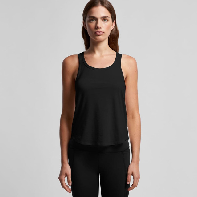 A black racerback tank top featuring a loose fit. The design includes a logo on the garment.