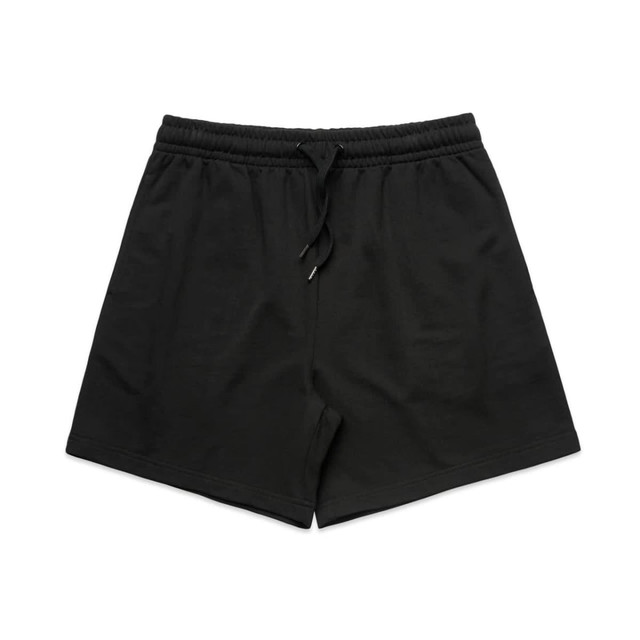 Black sports shorts with an elastic waistband and drawstring, featuring a minimalist design and a logo.