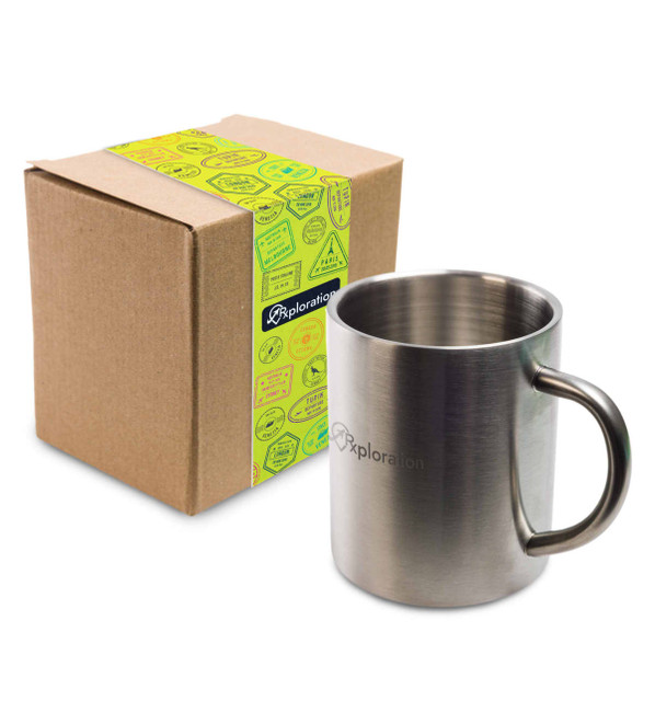 A stainless steel coffee mug next to a cardboard box featuring colourful, playful designs and a logo. A stainless steel coffee mug next to a cardboard box featuring colourful, playful designs and a logo.