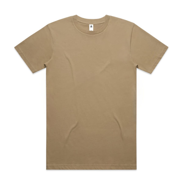 A beige t-shirt with short sleeves and a round neckline, featuring a branding label inside. A beige t-shirt with short sleeves and a round neckline, featuring a branding label inside.