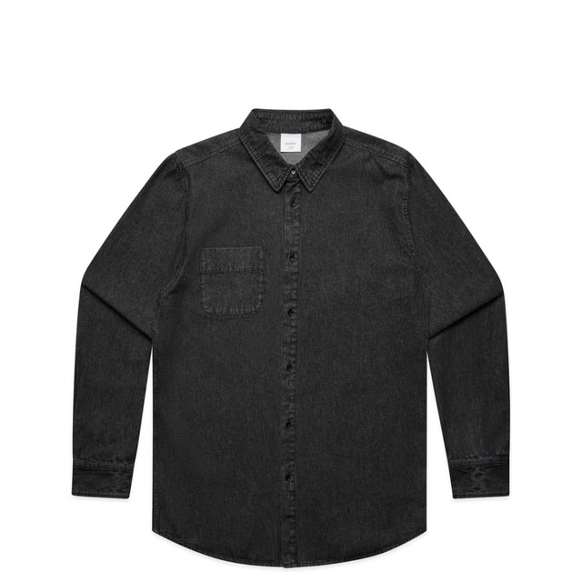 A black stone wash shirt with a button-up front, long sleeves, and a single chest pocket. It features a logo. A black stone wash shirt with a button-up front, long sleeves, and a single chest pocket. It features a logo.