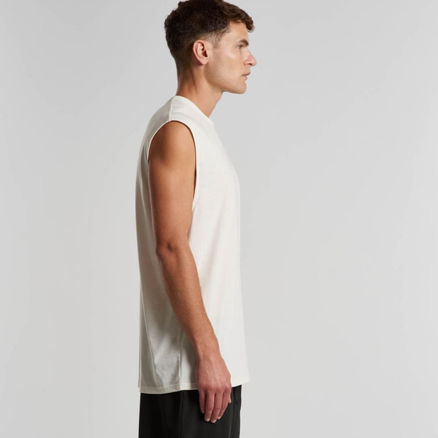 A side view of a men's beige sleeveless tank top, featuring a simple design and a logo.