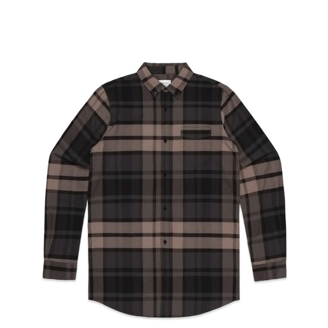 A plaid button-up shirt featuring shades of black, grey, and beige, with a chest pocket and collar. A plaid button-up shirt featuring shades of black, grey, and beige, with a chest pocket and collar.