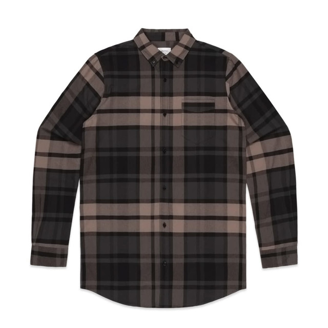A plaid button-up shirt featuring shades of black, beige, and brown, with a chest pocket and a logo. A plaid button-up shirt featuring shades of black, beige, and brown, with a chest pocket and a logo.