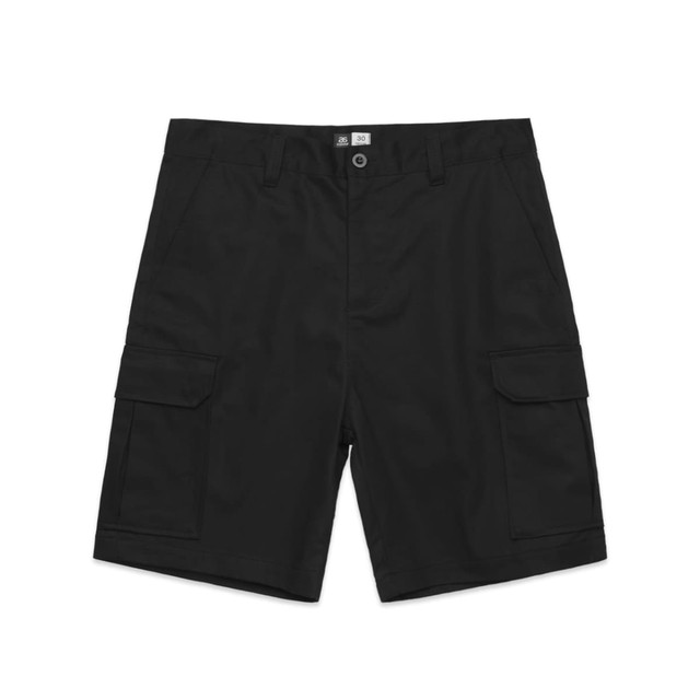 Utility cargo shorts in black, featuring multiple side pockets and a branded logo.