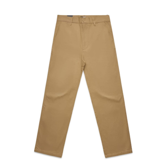 A pair of relaxed tan pants with a straight leg design and a front button closure. The pants have pockets and a logo.