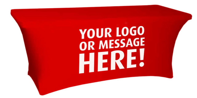 A red table cover designed for a four-foot table, featuring a space for a logo or message. A red table cover designed for a four-foot table, featuring a space for a logo or message.