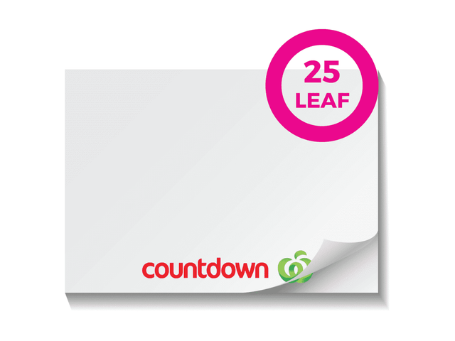 A white sticky note pad with 25 leaves and a logo at the bottom, featuring a pink circular badge. A white sticky note pad with 25 leaves and a logo at the bottom, featuring a pink circular badge.